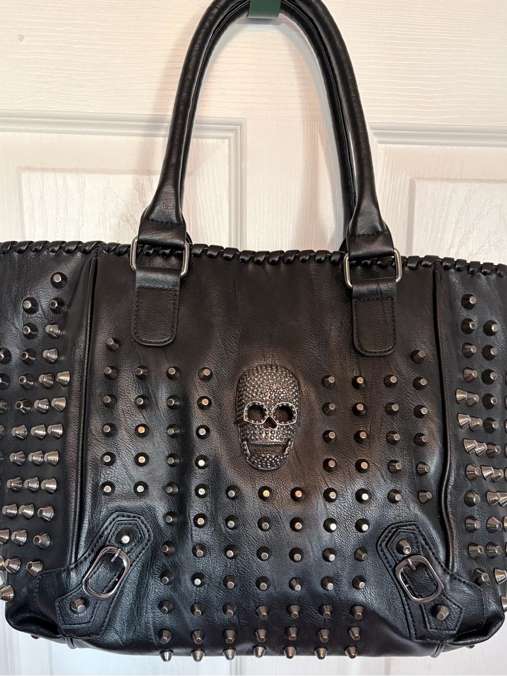 Black Studded Skull Tote Bag with Crystal Skull Accent